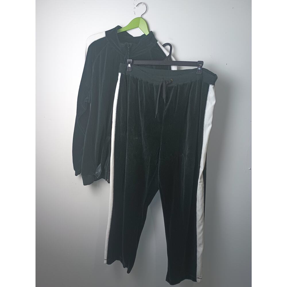 Jane Ashley Women Velour Two Piece Set Full Zip Pull on‎ Pants Black White 2X